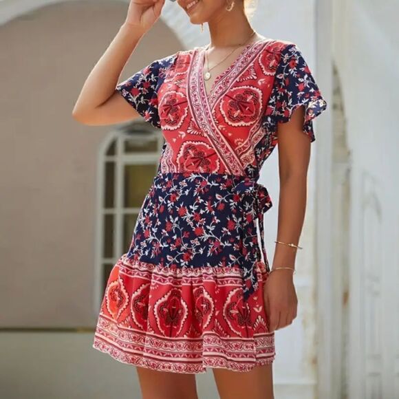 NEW! Cute Boho V Neck Wrap Around Mini Dress Bohemian Pattern Navy Red Trendy - Picture 2 of 5